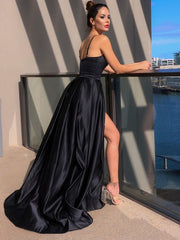Black Spaghetti Strap Evening Dress with Slit