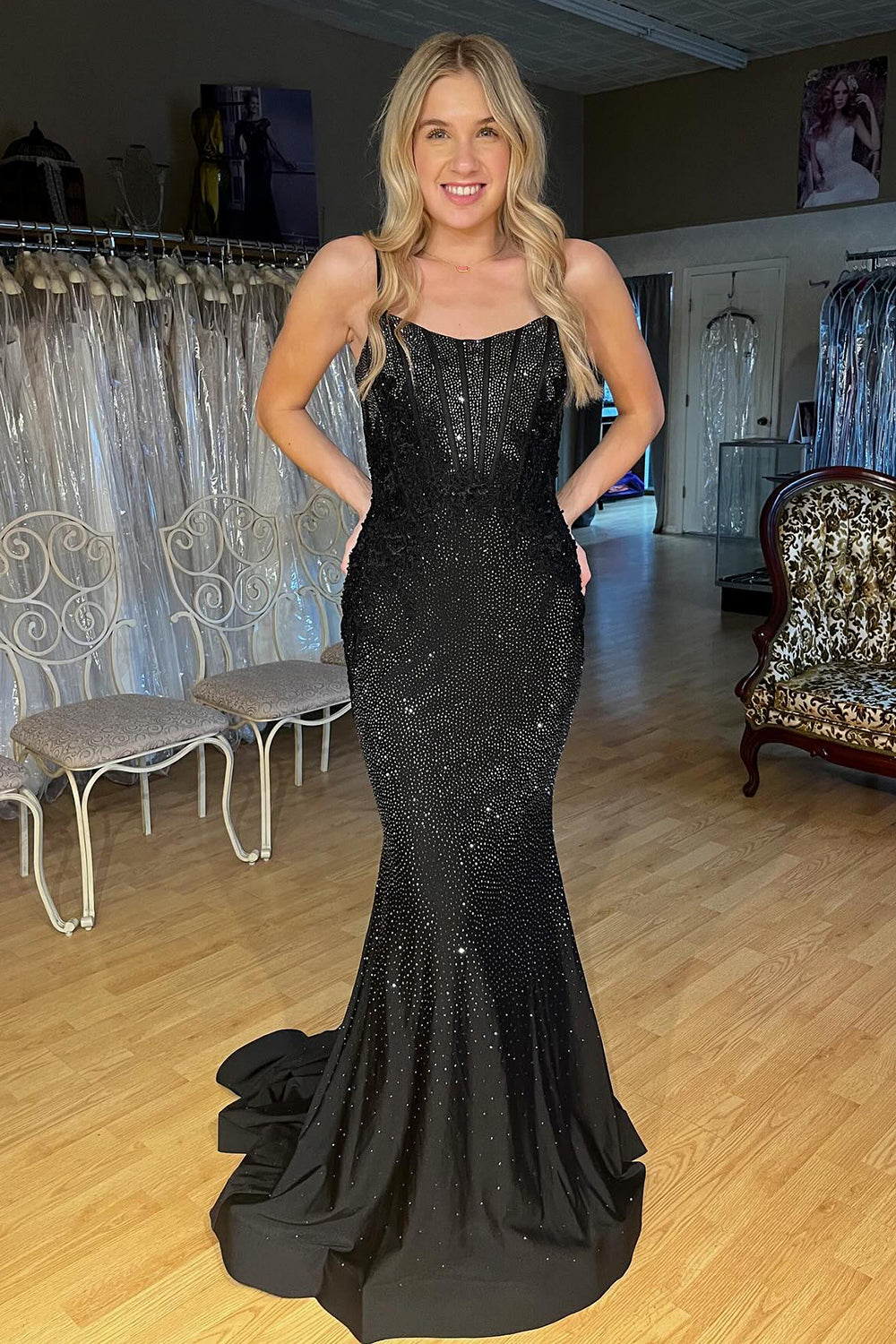 Black Spaghetti Straps Evening Dress Mermaid Long Corset Prom Dress with Beadings
