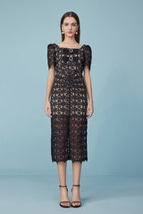 Black Square Neck Sheath/Column Midi Casual Dress