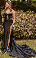 Black Strapless Corset Prom Dress Cut Out Satin Evening Dress with Slit