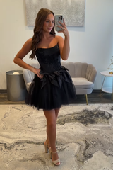 Strapless Beading Short Homecoming Dress with Waist Bow