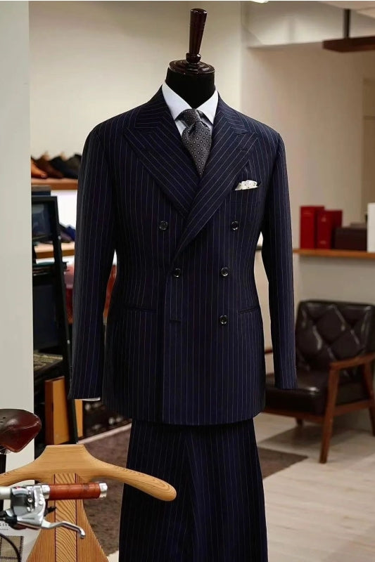 Black Striped Double Breasted Peaked Lapel Business Suit