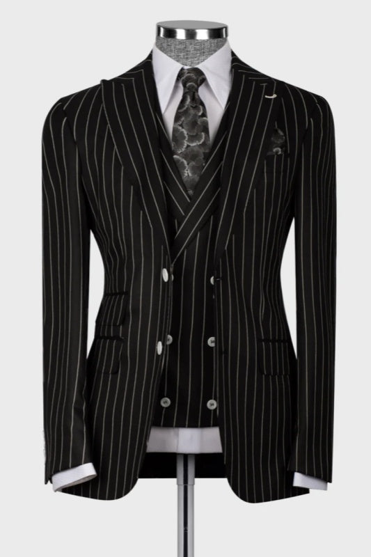 Black Striped Peaked Lapel 3 Piece Business Men's Suit