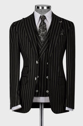 Black Striped Peaked Lapel 3 Piece Business Men's Suit