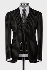 Black Striped Peaked Lapel 3 Piece Business Men's Suit