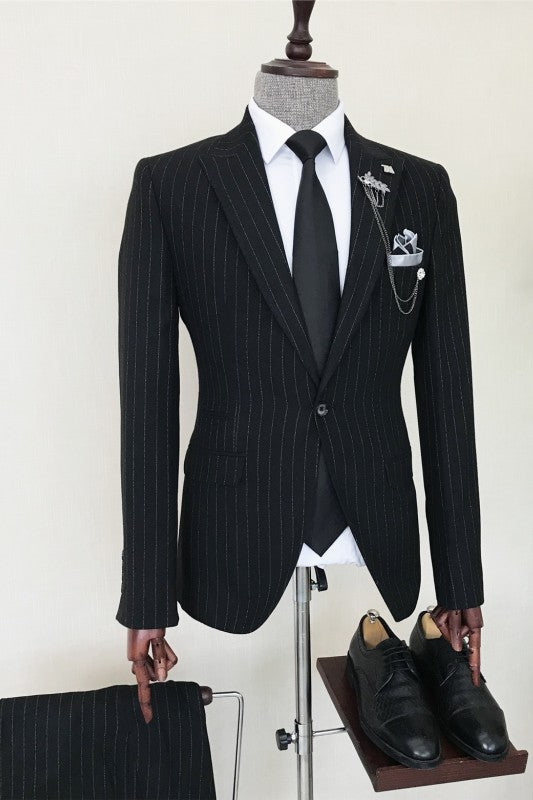 Black Striped Peaked Lapel Men's Business Suit