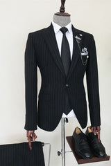 Black Striped Peaked Lapel Men's Business Suit