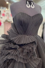 Black Sweetheart Prom Dress A-Line Long Tulle Evening Dress with Ruffles