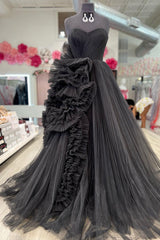 Black Sweetheart Prom Dress A-Line Long Tulle Evening Dress with Ruffles