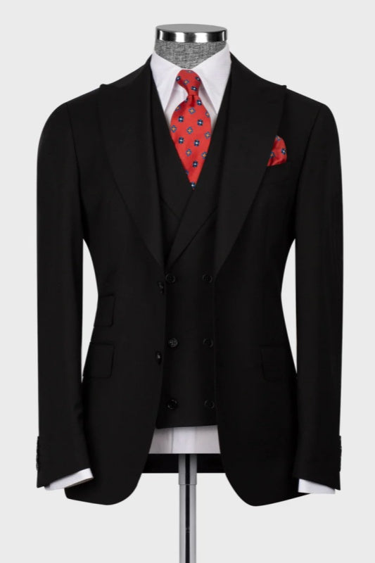 Black Three Piece Peaked Lapel Business Suit for Men
