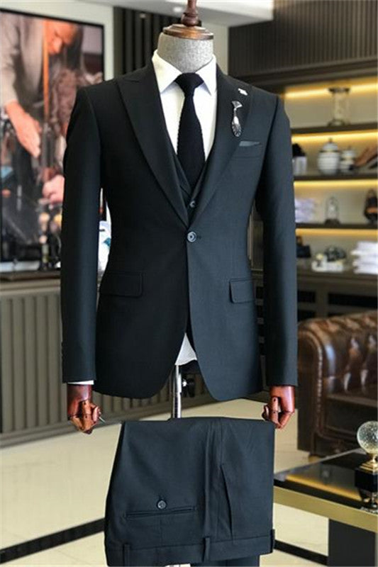 Black Three Piece Peaked Lapel Business Suit