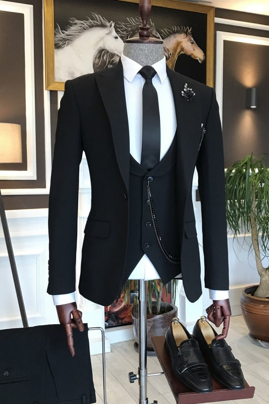 Black Three Piece Peaked Lapel Business Suit