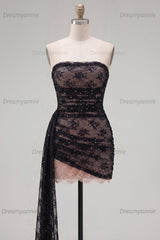 Black Strapless Beaded Tight Short Homecoming Dress with Sash