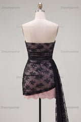 Black Strapless Beaded Tight Short Homecoming Dress with Sash