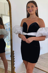 Black Velvet Cocktail Dress Detachable Sleeves Tight Short Christmas Party Dress