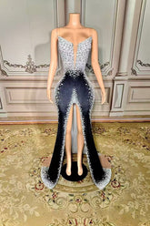 Black Velvet Formal Dress Beaded Evening Dress with Slit