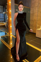 Black Velvet Formal Dress High Neck Long Sleeve Evening Dress