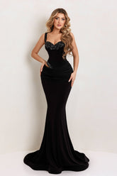 Black Velvet Formal Dress Mermaid Sweetheart Beaded Spaghetti Strap Sleeveless Evening Dress