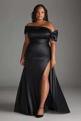 Black Wedding Guest Dress Plus Size Off The Shoulder Long Satin Formal Dress With Slit