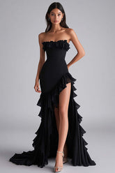 Black Wedding Guest Dress Tiered Strapless Long Chiffon Formal Dress With Slit