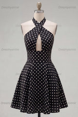 Black & White Polka Dot Halter Keyhole A-Line Short Homecoming Dress
