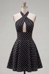 Black White Dot A Line Halter Keyhole Short Homecoming Dress