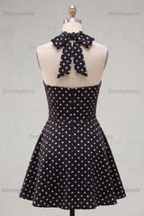 Black & White Polka Dot Halter Keyhole A-Line Short Homecoming Dress