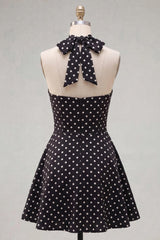 Black White Dot A Line Halter Keyhole Short Homecoming Dress