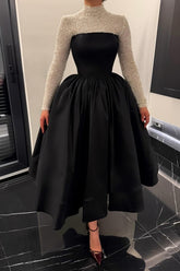 Black and Silver A Line Prom Dress with High Neck and Sequin Long Sleeves