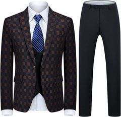 Black and Yellow Plaid Three Piece Business Suit for Men