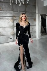 Black Long Sleeve Velvet Christmas Party Dress Appliques Formal Dress with Slit