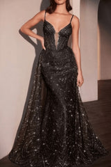 Shining Dusty Blue Prom Dress Sequined Spagheetti Straps Evening Dress with Detachable Train