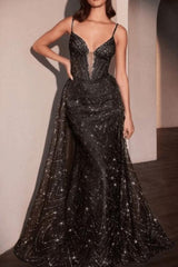 Shining Dusty Blue Prom Dress Sequined Spagheetti Straps Evening Dress with Detachable Train