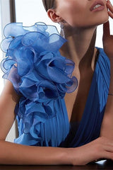 Blue A Line Chiffon Wedding Guest Dress V Neck Formal Dress with Flower