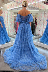 Blue A Line Corset Long Tulle Floral Prom Dress with Ruffles