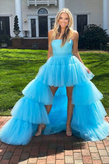 Blue A-Line Homecoming Dress High Low Strapless Prom Dress with Ruffles