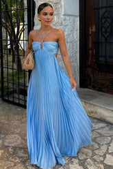 Blue A-Line Long Pleated Cutout Prom Dress With Spaghetti Straps Formal Evening Gown