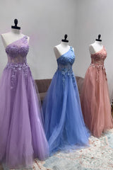 Blue A Line One Shoulder Long Corset Prom Dress With Appliques