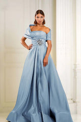 Blue A Line Prom Dress Asymmetric Neck Beaded Formal Dress