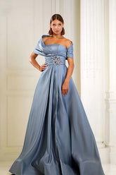 Blue A Line Prom Dress Asymmetric Neck Beaded Formal Dress