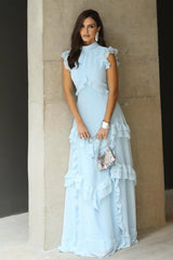 Blue A Line Prom Dress High Neck Ruffled Formal Dress