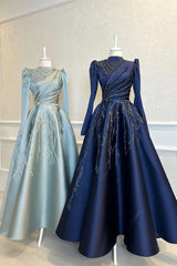 Blue A Line Prom Dress Long Sleeve High Neck Beaded Formal Dress