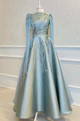 Blue A Line Prom Dress Long Sleeve High Neck Beaded Formal Dress