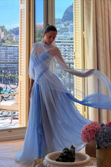 Blue A Line Prom Dress Multicolor Formal Dress