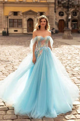 Blue A Line Prom Dress Off the Shoulder Formal Dress With Lace Appliques