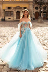 Blue A Line Prom Dress Off the Shoulder Formal Dress With Lace Appliques