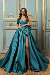Blue A Line Prom Dress One Shoulder Satin Formal Dress