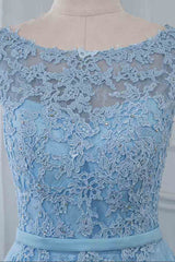 Blue A Line Prom Dress Sleeveless Formal Dress With Lace Appliques