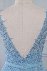 Blue A Line Prom Dress Sleeveless Formal Dress With Lace Appliques