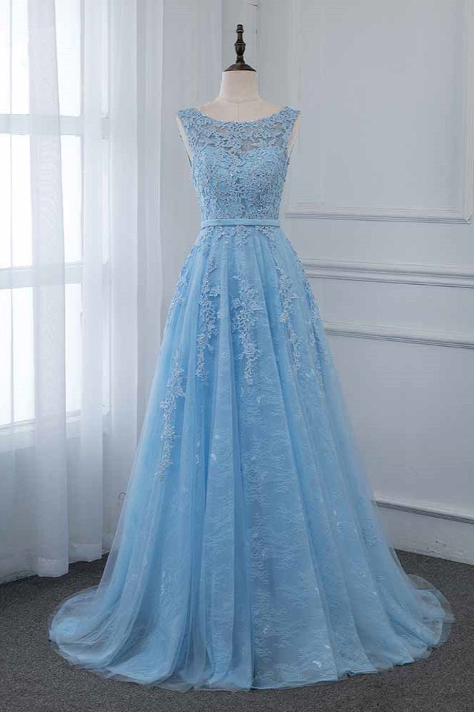 Blue A Line Prom Dress Sleeveless Formal Dress With Lace Appliques